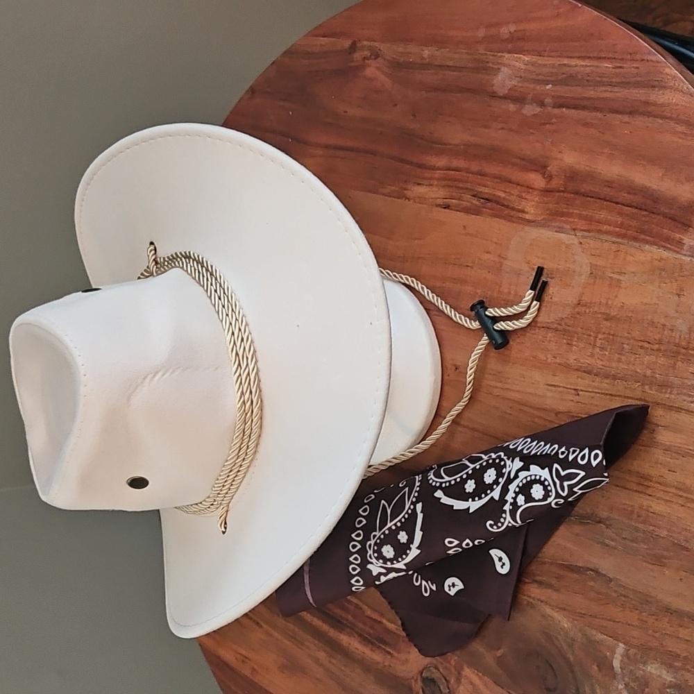"Boots On The Ground", Stylish Cream Cowboy Hat with Brown Bandana